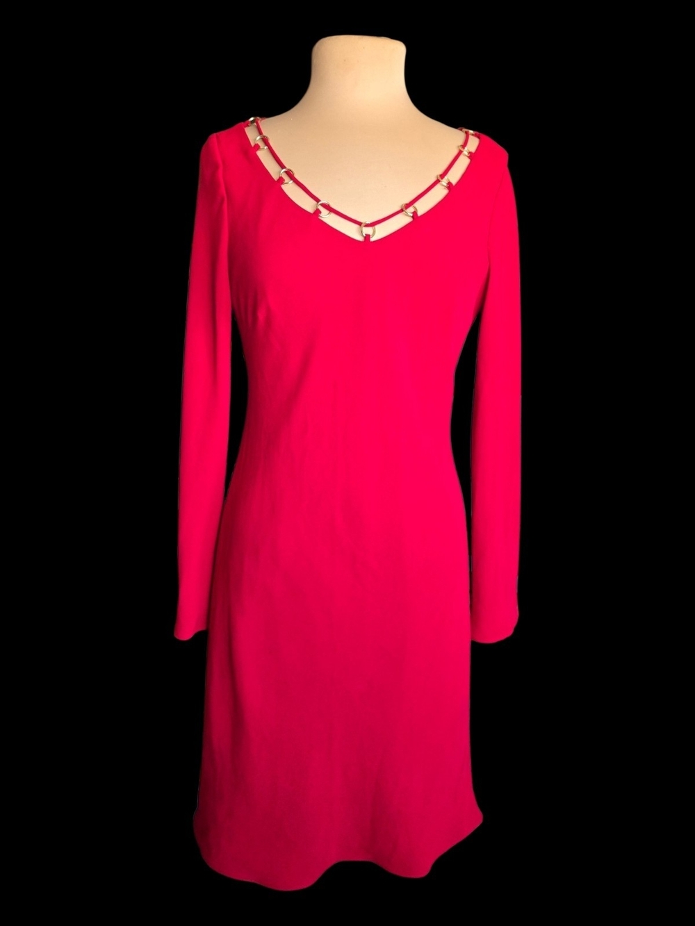 Evan Picone Red Long-Sleeve V-Neck Dress with Chain Detail Sz 10